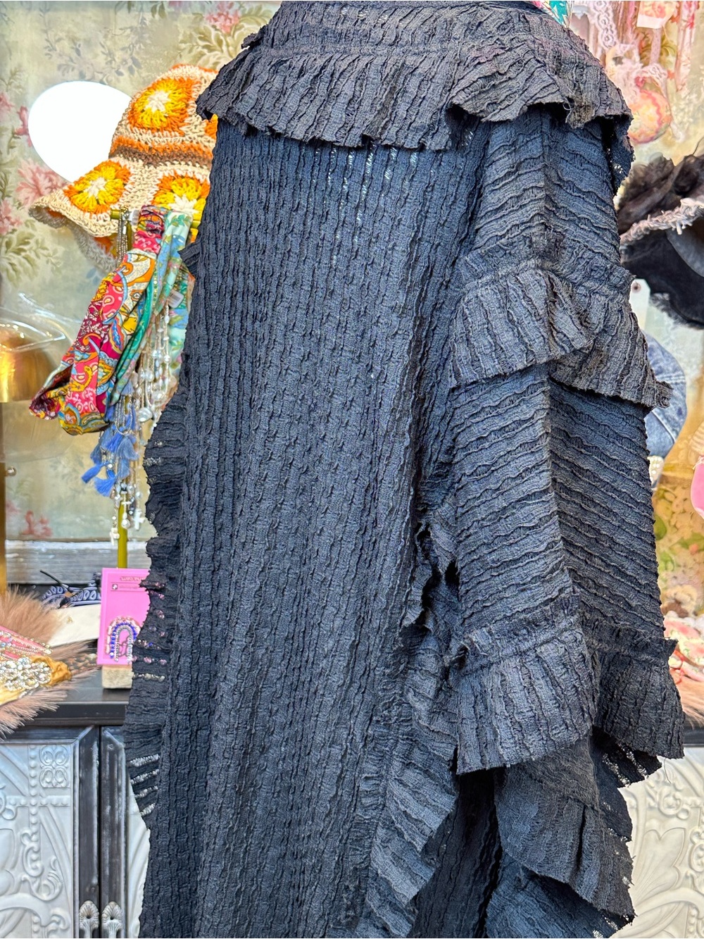 Blue Velvet Ruffle Poncho Top-Black - Picture 4 of 10